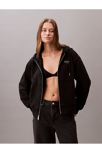 Calvin Klein Női Boyfriend Fit kapucnis cipzáras pulóver - fekete