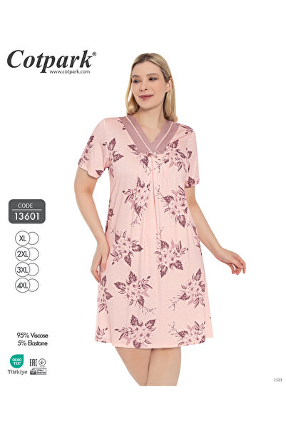 Cotpark Women's Plus Size V-Neck Floral Patterned Short Sleeve Viscose Nightg...