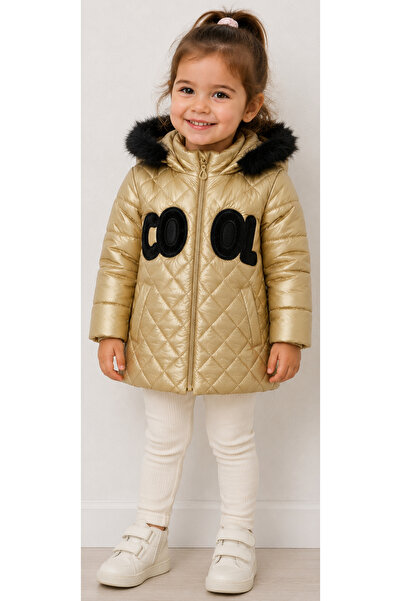 İrem Çocuk Giyim Girl's Cool Written Hooded Lined Yellow Color Coat