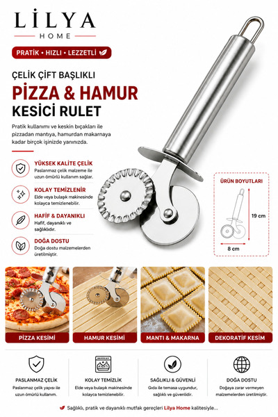Lilya Home Çelik Çift Başlıklı Pizza Mantı Hamur Ruleti