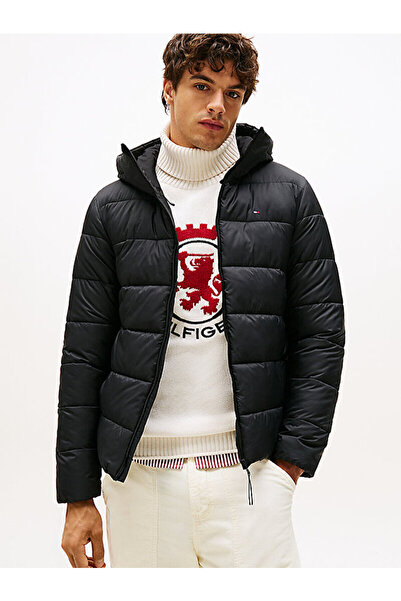 Tommy Hilfiger Men's Brand Logo Quilted Stitched Hooded Black Coat Suitable f...