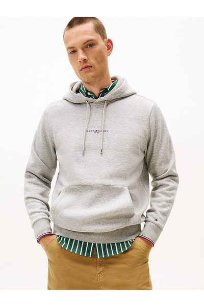 Tommy Hilfiger Men's Brand Logo Hooded Long Sleeve Gray Sweatshirt Suitable f...
