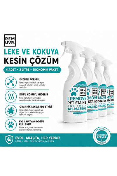 REMUVR Enzimli İdrar Lekesi ve Koku Giderici Sprey 750 ml x 4 Adet – 3 Litre Tasarruf Paketi