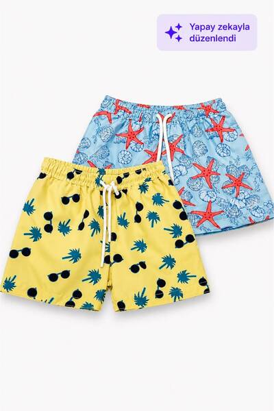 My Kids Wear Erkek Çocuk Degrade Desenli Deniz Şortu 2’li Set 3-16 Yaş 12419