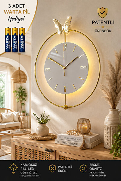 MetaQuartz Aksesuar Kelebek İnci -GOLD- Özel Seri (Pilli Ledli) - Modern Dekoratif Metal Ledli Duvar Saati
