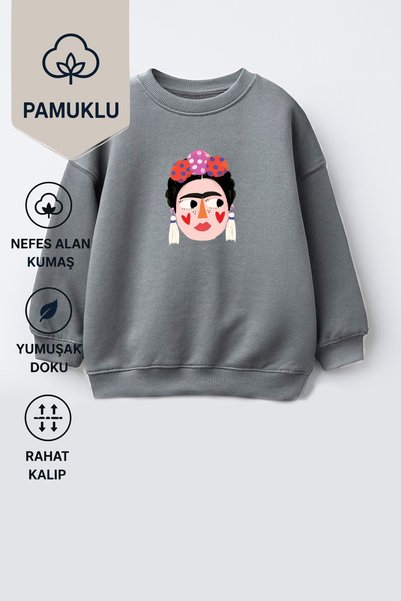 Monila Kız Çocuk 3 İplik Kumaş Pamuklu Frida Baskılı Sweatshirt