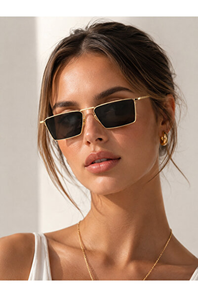 LOOKUP NEW Elsie Unisex Kadın Erkek Uv400 Korumalı Siyah Gold Kare Dikdörtgen...