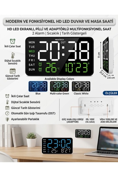 BarkoFix Hd Led Ekranlı Masa Saat Pilli Adaptörlü 2 Alarmlı Sıcaklık Tarih Gö...