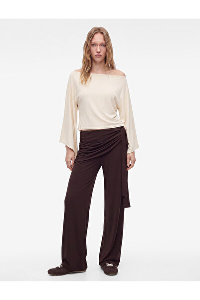 Koton Sandy Fabric Draped Wide-Leg Trousers with Tie Detail