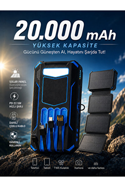 kawigo 20.000 mAh Solar Powerbank 22.5W Hızlı Şarj 4 Katlanır Güneş Panelli D...