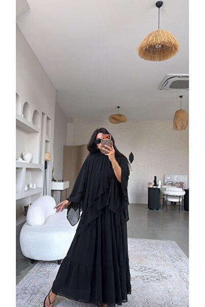 Buket Teke Black Chiffon Dress Cape Set