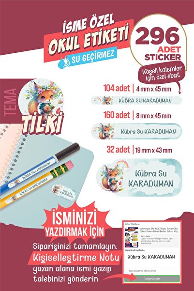 colortouch 296 ADET Tilki Temalı Okul Etiketi Sticker Kalem Etiketi Defter Et...