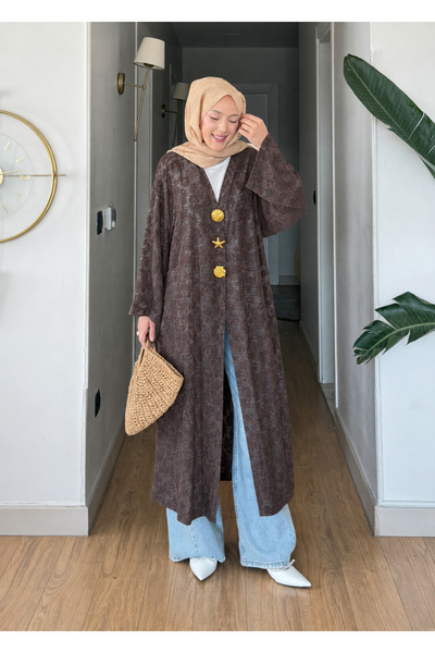Moda Misali Jakarlı Kimono Yelek Gold Aksesuarlı