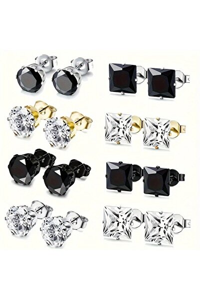 Choice 8pairs 2-8 Pairs Punk Stainless Steel Earrings, Classic Round Square S...