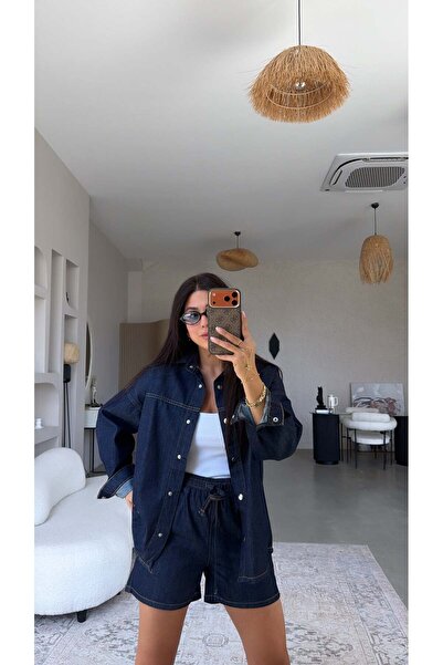 Buket Teke Navy Blue Denim Shorts Shirt Set