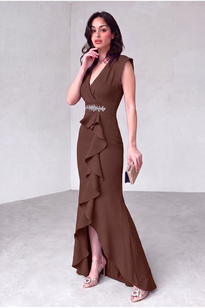 ALFUDO Moda Collection Rochie de seară din țesătură crep pentru femei, decolteu petrecut în V cu centură cu volan, maro cu strasuri, rochie de absolvire, rochie de nuntă