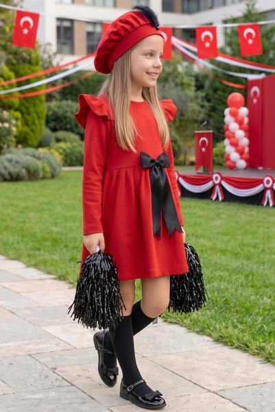 Parla Kids Girl's Red Sofia Cotton Bow Detailed Christmas Dress and Hat Set, October 29 Show Outfit