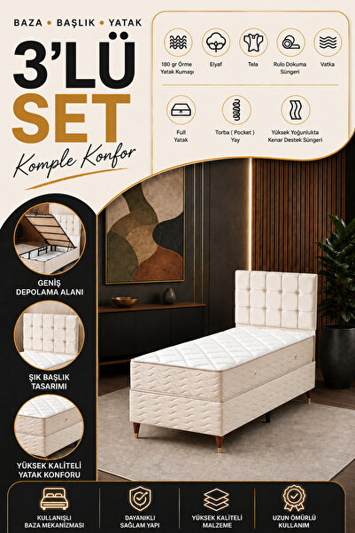 beehanem Bengü Ekstra Geniş Tek Kişilik Başlık + Baza + Yatak Seti 120x200 Kr...