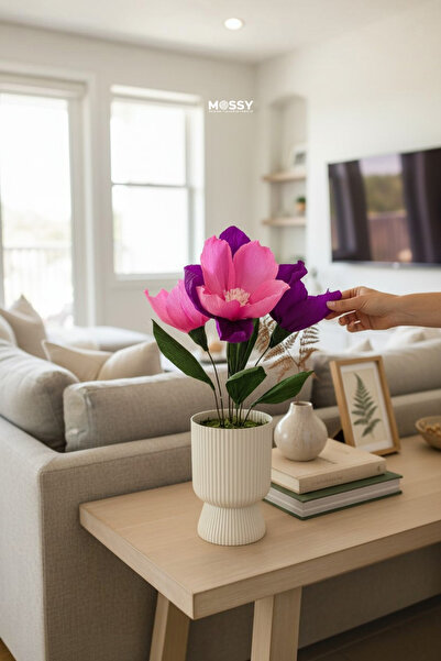 Mossy Decor Dekoratif Saksı Çiçeği – El Yapımı Kağıt Çiçek Aranjmanı