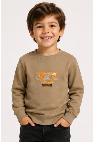 İrem Çocuk Giyim Boy's Casual Lettered Light Brown Sweatshirt