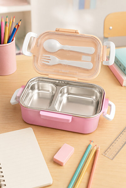 Sowo Home Steel Lunch Box with 2 Compartments, Fork and Spoon, Camping Food C...