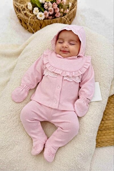 Sinem Çeyiz Necixs 241097 Baby Girl Pink Scalloped Ruffle Newborn 5-Piece Bod...