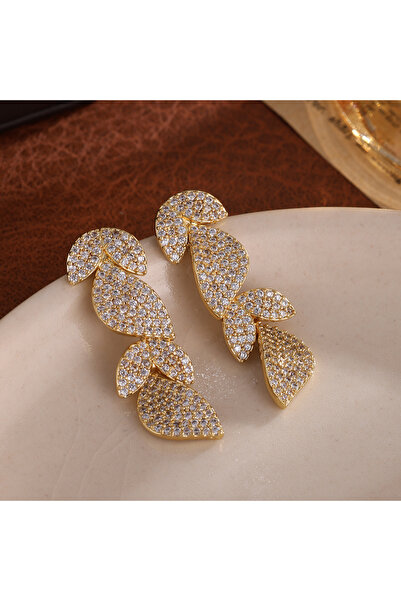 Choice Gold Color ZAKOL Luxury Micro Paved Cubic Zirconia Long Leaf Drop Earr...