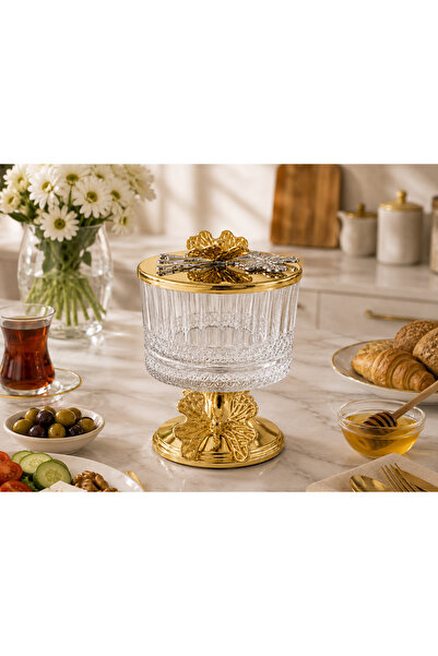 Fiyakalı Ürünler Atölyesi Ayaklı Gold Cam Magnolia Kasesi, Kelebek Kapaklı Do...