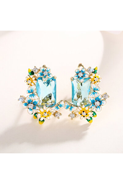 Choice E4044 Huitan Blue Yellow Flowers Enamel Earrings with Big Sky Blue CZ ...
