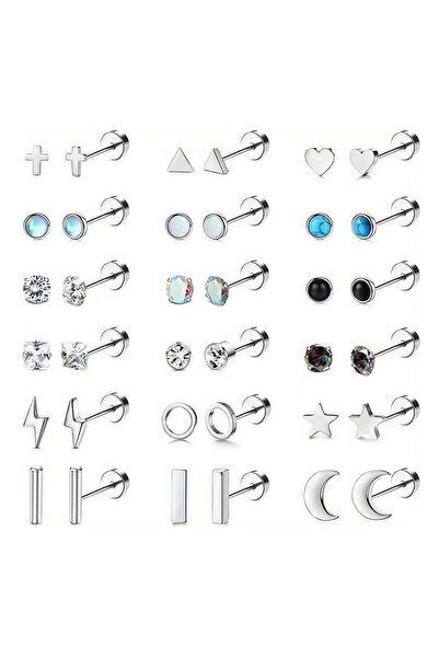 Choice 18 pairs set 18pairs/pack Men's Stainless Steel Zircon Stud Earrings, ...