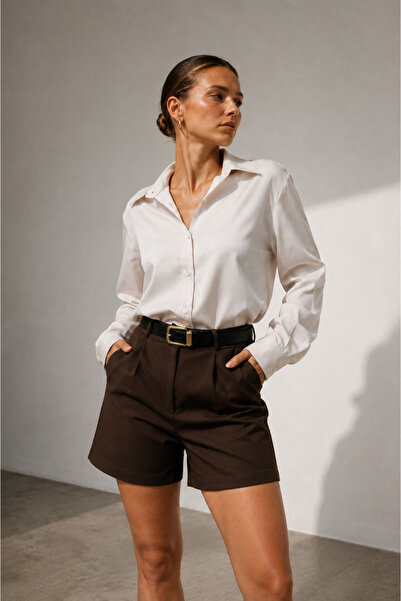 Merci Women's Brown Classic High Waist Belted Shorts