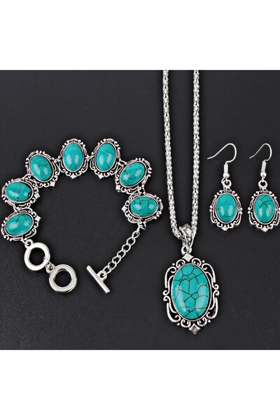 Choice Blue 3pcs Women's Vintage Turquoise Bracelet Necklace Earrings Set, He...