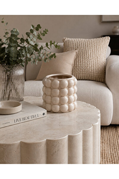 YS COLLECTION YŞ Home - Büyük Boy Bubble Seramik Vazo Krem Çiçek Vazosu Ev De...