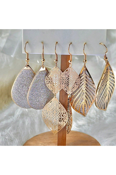 Choice 3 pairs-set 3 Pairs/Set Golden Leaf Sequin Leather Water Drop Geometri...