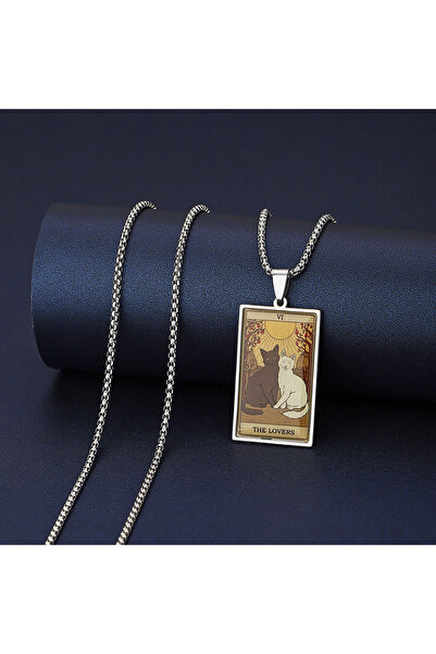 Choice The Lovers Fashion Stainless Steel Epoxy Cat Tarot Card Necklace For M...
