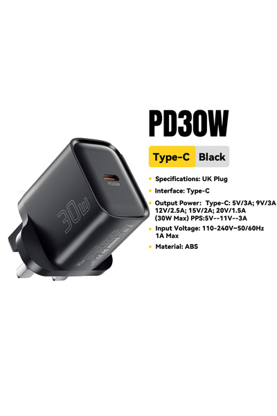 essager 30W Black UK Plug Mini 30W Type C Charger PD QC3.0 Fast Type C Charge...