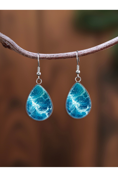 Choice dark blue SILVER 1 Pair of Earrings with Landscape and Sea Water Motif...