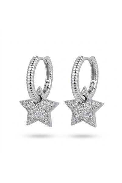 Siya Silver Zircon Stone Paved Star Dangle Steel Earrings