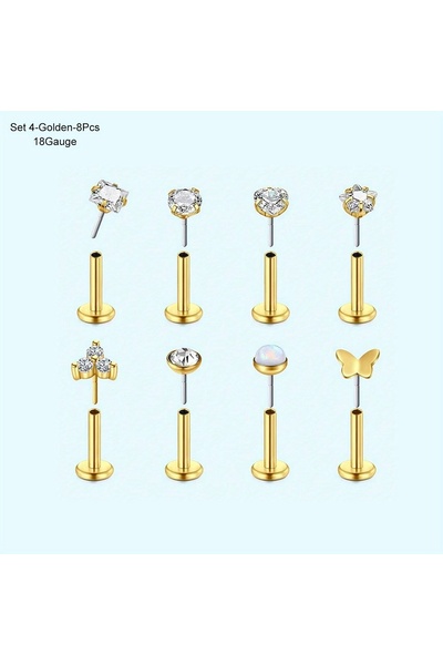 Choice Straight Barbell Face Nose Rings & Studs Set 4-Golden-8Pcs 16G 18G Pus...