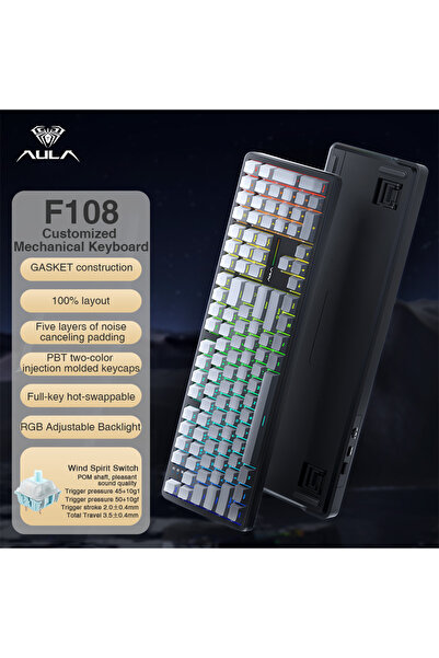 Choice لوحة مفاتيح AULA F108 باللون الأسود المتدرج، بتصميم 100%، ومعدل استجاب...