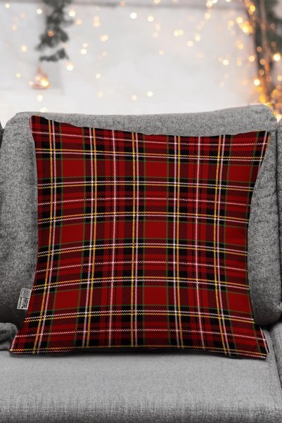 Hayal Dekoratif Red Background Plaid Pattern Christmas Set 4-Piece Throw Pillow Cover and Runner Set