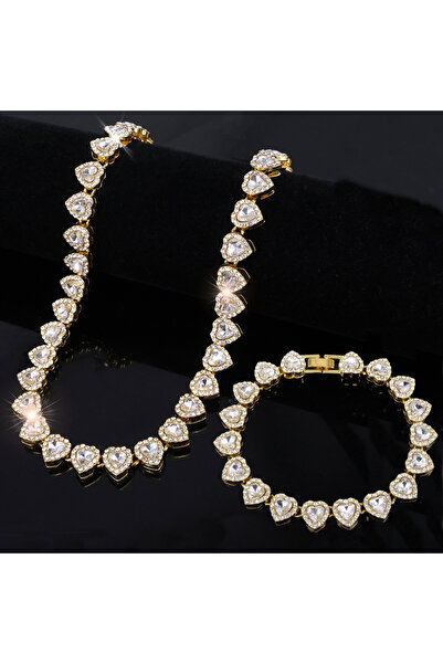 Choice1 Gold Color Set Trendy Shiny Heart Zircon Hip Hop Rock Tennis Chain Je...