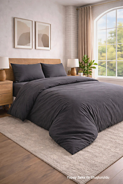 HOMENUP 120x200 Elastic Sheet Solid Color Single Duvet Cover Set Anthracite