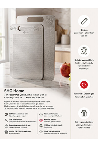 SHG HOME Paslanmaz Çelik Kesme Tahtası 2'li Set 23x34 cm - 20x30 cm, Gıda Tem...
