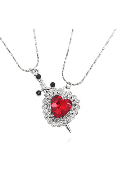 Choice Red A Set Red Heart and Sword Couple Necklace Collarbone Chain Sword N...