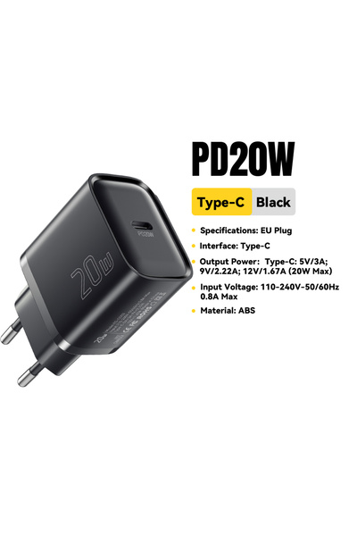 essager 20W Black EU Plug 20W USB Type C Charger PD Fast Charging for iPhone ...