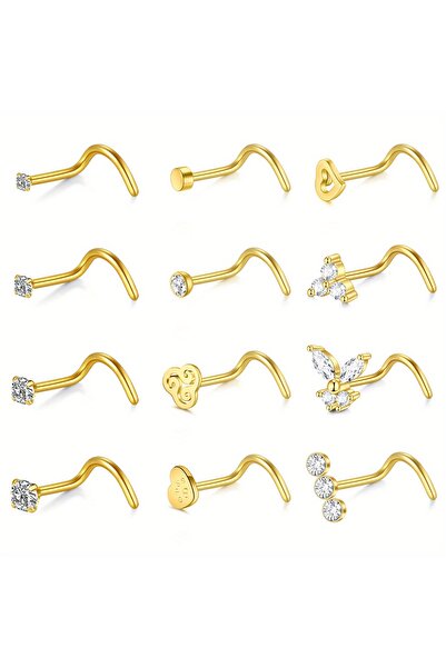 Choice Golden 12Pcs 20G Hook Nose Studs, Stainless Steel Nose Stud With Diffe...