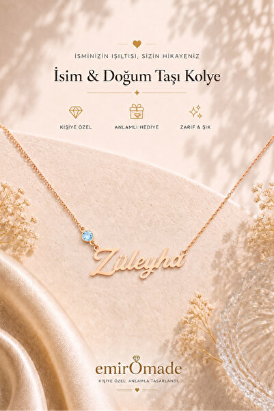 emirOmade Gümüş Doğum Taşlı İsim Kolye Rose Gold Rengi 14 Ayar Altın Kaplama ...