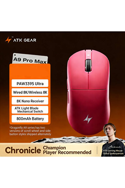 Choice3 ماوس لاسلكي A9 Pro Max وردي من سلسلة ATK Dragonfly A9 ثلاثي الأوضاع P...