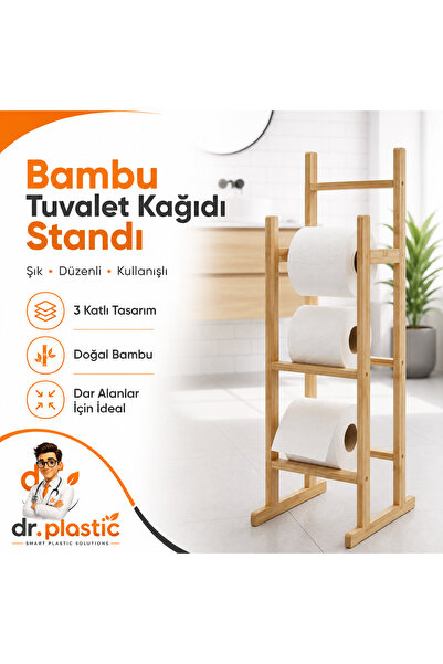 dr.plastic 3 Katlı Bambu Tuvalet Kağıdı Organizeri Tuvalet Kağıtlığı Peçetelik